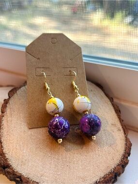 Handmade Purple Marble Bead Dangle Earrings